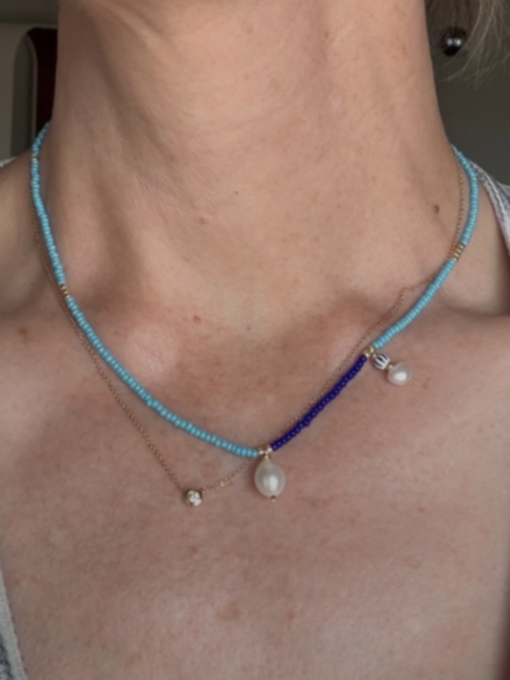Freshwater Pearl Turquoise Beaded Necklace | Cobalt Blue | Adjustable 15–17.5”